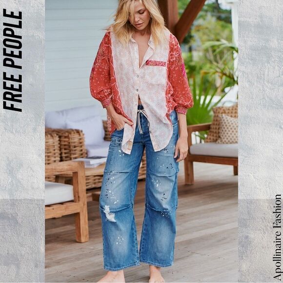 FREE PEOPLE MODERN LOVE PULL ON JEANS BLUE MOTIF PAINT SPLATTER MEDIUM NEW - Picture 4 of 8